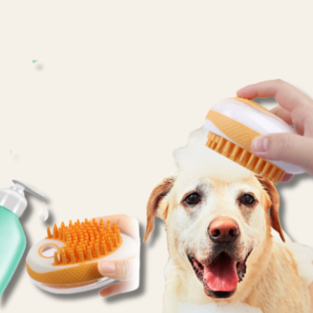 Cepillo de baño 2 en 1 para perros con depósito de champú integrado
