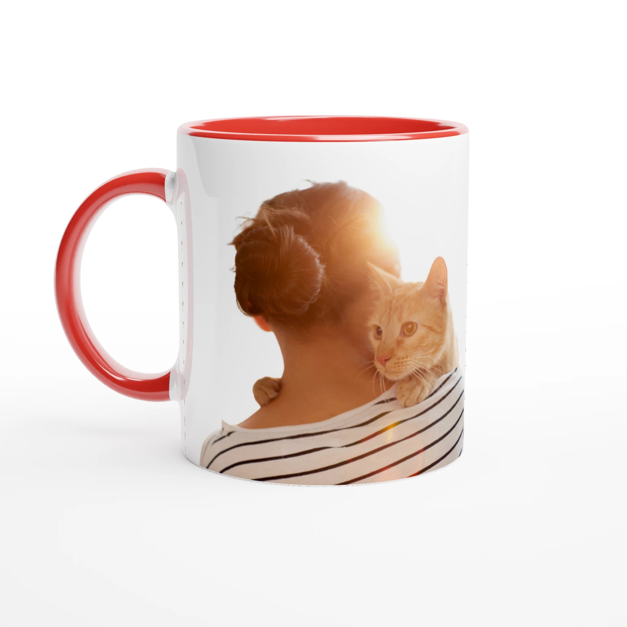 Taza roja personalizada abrazo gato