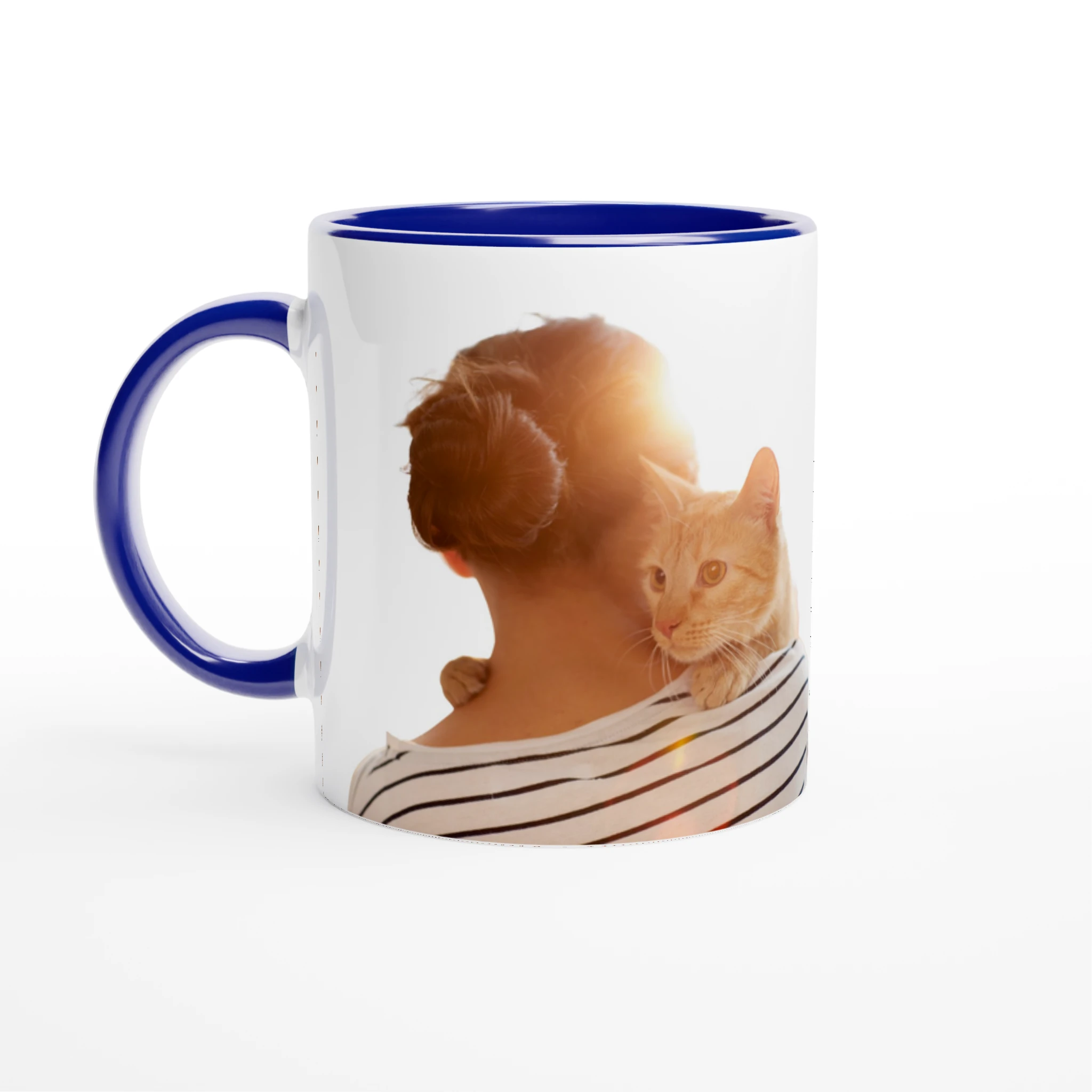 Taza azul personalizada abrazo gato