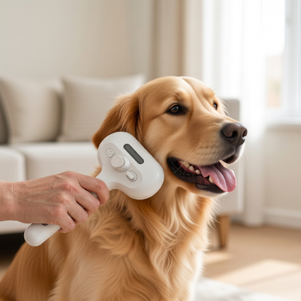 perro tranquilo siendo peinado con el cepillo vaporizador incondicional